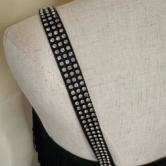 Vintage short black fringe dress with crystals on shoulder straps size 2-4 - Picture 7 of 10